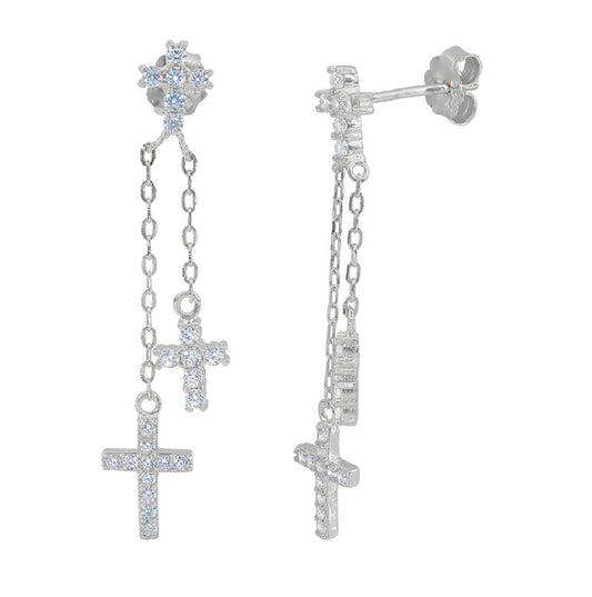 Sterling Silver Frosted Crucifix Dual Chain Earrings